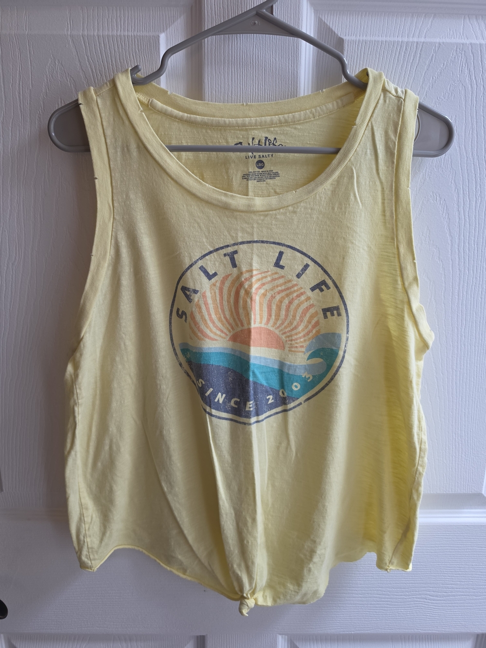 Salt Life Women's Distressed Light Yellow Graphic Knot-Hem Tank